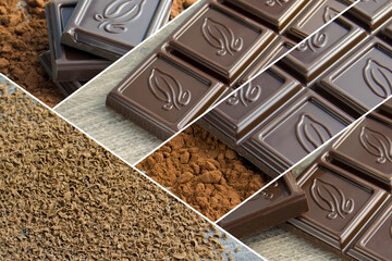collage of five photos of chocolate. fragments of photographs of a chocolate bar close-up. grated chocolate in one photo