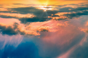 The salt rises above the pink and orange clouds - a gentle fairy-tale dawn - Dawn among bright...