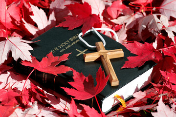 Bible and christian cross on dry fallen autumn leaves. Faith and spirituality.