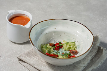 traditional Spanish cold soup puree. Summer menu concept. Horizontal layout.