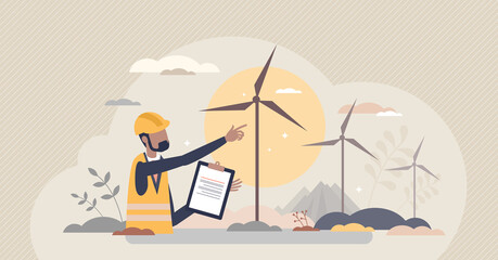 Environmental engineering as work with alternative energy tiny person concept. Wind turbine maintenance and set up occupation as sustainable and green electricity development job vector illustration.