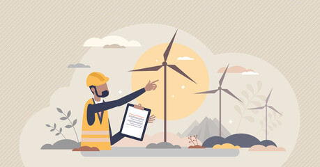 Environmental engineering as work with alternative energy tiny person concept. Wind turbine maintenance and set up occupation as sustainable and green electricity development job vector illustration. © VectorMine