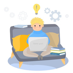 Blonde man, sitting indoor on sofa with pillows, working or studying at laptop, surrounded by books. Vector flat illustration, isolated on white background. Concept of distant work or study