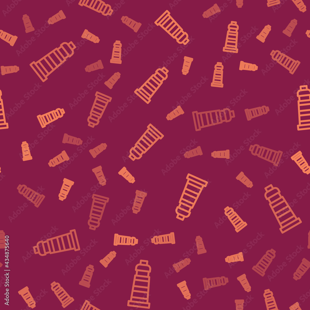 Poster brown line lighthouse icon isolated seamless pattern on red background. vector