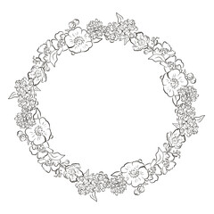 Vintage wreath with lilac blossom and meadow flowers - vector hand-drawn lines. Maybe use for wedding invitation, card design, textile.