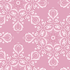 Lace seamless white pattern. Decorative pink background