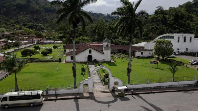 Beautiful cinematic aerial view of the Colonial Church of Orosi in Cartago