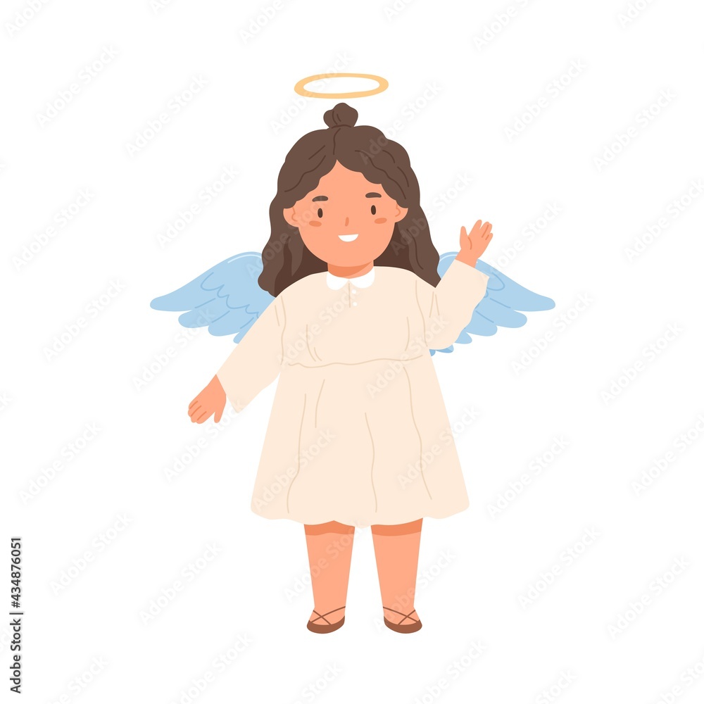 Wall mural cute angel smiling and greeting smb with hi gesture. happy child with halo and wings waving with han