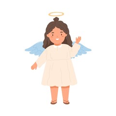 Cute angel smiling and greeting smb with hi gesture. Happy child with halo and wings waving with hand, saying hello. Colored flat vector illustration of catholic girl isolated on white background
