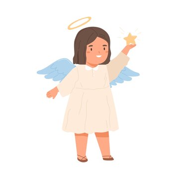 Cute angel holding Christmas star in hand. Happy smiling child with halo and wings looking at divine miracle. Colored flat vector illustration of little religious girl isolated on white background