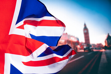 Fototapeta na wymiar British union jack flag over icons of London
