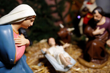 Nativity scene. Christmas crib.  Holy family with baby Jesus.  Catholic church.  France.