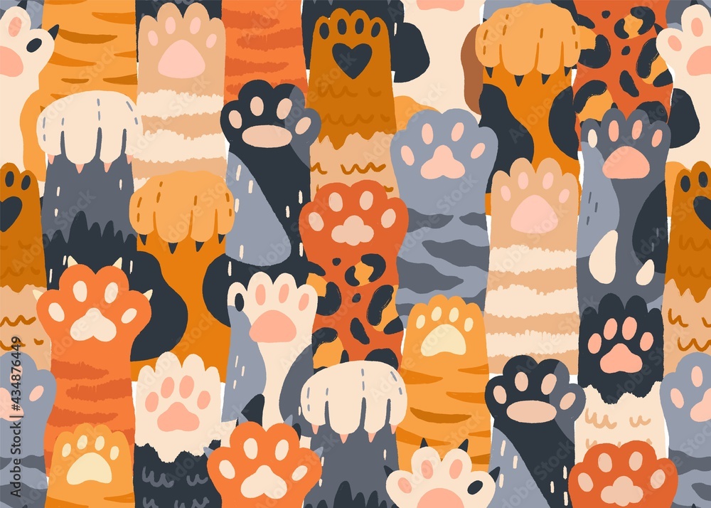 Poster seamless pattern with cute cat paws raised up together. repeating background with kitties' hands. fe