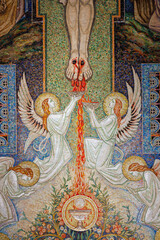 Basilica of the visitation.  Passion of Christ. The crucifixion, Jesus on the cross.  Mosaics by  Antoine Molkenboer. Annecy. France.