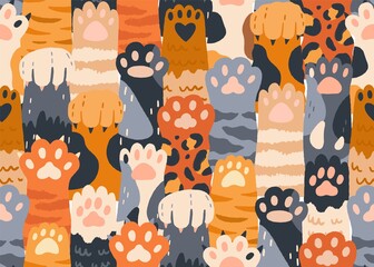 Seamless pattern with cute cat paws raised up together. Repeating background with kitties' hands. Feline animals crowd. Colored flat vector illustration of endless texture for printing and decoration