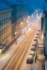 first snow in the early morning in Prague, the city wakes up