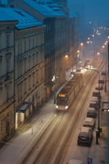 first snow in the early morning in Prague, the city wakes up