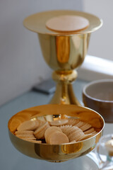Saint Paul church.  Eucharist celebration. Chalice and unleavened  wafers. Annecy.  France.