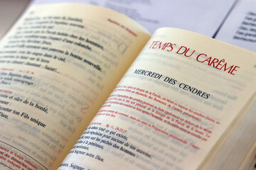 Saint Paul church.  Catholic mass. Ash wednesday celebration : the first day of Lent.  Roman missel.  Annecy.  France.