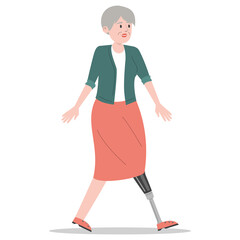 Happy old woman with prosthetic leg walking vector isolated. Illustration of elderly character wearing a prosthesis. Handicapped person, female character with artificial limb.
