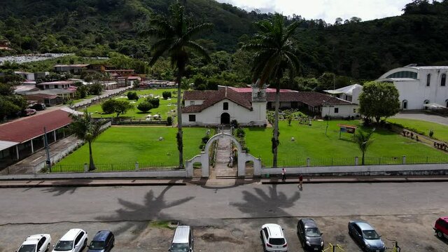 Beautiful cinematic aerial view of the Colonial Church of Orosi in Cartago