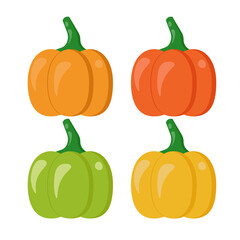 A set of four pumpkins in a cartoon style of different colors, for the design of a holiday card, etc.