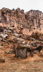 Panorama view of the landscapes inside the canyon of the Ihlara Valley in Cappadocia, Turkey on a rainy day in autumn