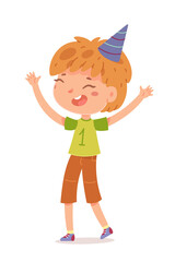 Happy birthday, boy celebrating at party. Cute child in cap having fun vector illustration. Little kid smiling and standing with arms up, laughing isolated on white background
