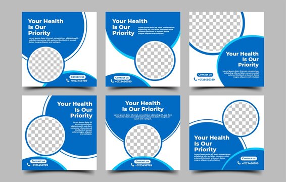 Set of Medical social media post template. Modern promotion banner with white and blue background color and place for the photo. Vector design isolated.