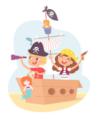 Little children as pirates having adventure in ship. Cute boy and girl in boat sailing in sand on island vector illustration. Captain with sailor, kids as characters on white background