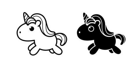 Cute pony unicorn in flat black and white doodle styles. Cute doodle vector illustration.