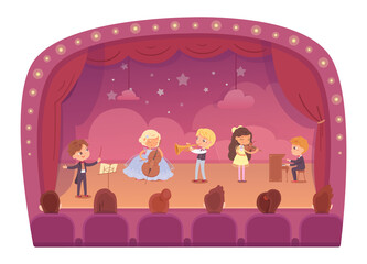 Obraz na płótnie Canvas Kid musicians playing music on stage. Little girls and boys with piano, violin, trumpet, cello, conducting orchestra vector illustration. Children with instruments performing in front of audience