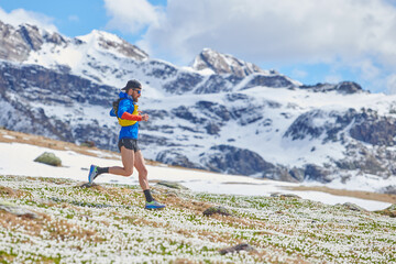Athlete runs a downhill mountain trail