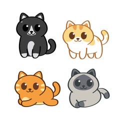 Cute cats in doodle line art style sit stand and lay down on the white background.