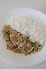 Chicken fillet in a creamy sauce with rice.