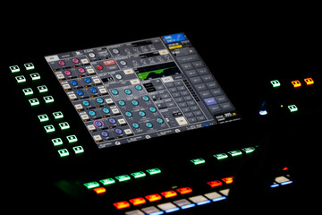 Festival Mont-Blanc d'humour 2020. Close-up of digital sound mixer.