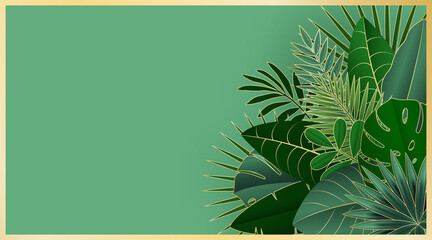 Green and gold tropical leaves summer abstract background