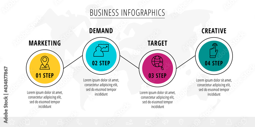 Poster modern and line vector infographic with icons and four steps. circles with thin lines for the applic