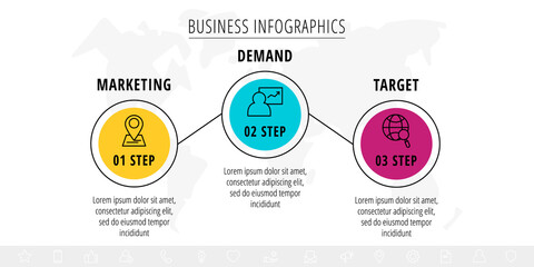 Obraz premium Modern and line vector infographic with icons and three steps. Circles with thin lines for the application, website, interface, chart, diagram, banner, presentations on a white isolated background