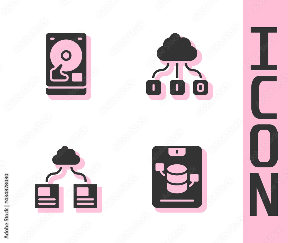 Poster set server, data, web hosting, hard disk drive hdd, cloud technology data transfer and icon. vector