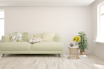 White living room with sofa. Scandinavian interior design. 3D illustration
