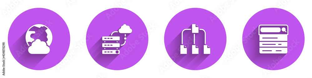 Poster set social network, network cloud connection, folder tree and search engine icon with long shadow. v