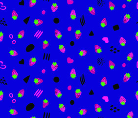 Hand Painting Abstract Watercolor Strawberry Fruits with Dots Brush Strokes and Geometric Shapes Repeating Vector Pattern Isolated Background