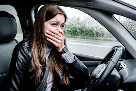 Sad Woman Driver Feeling Depressed And Crying In The Car.