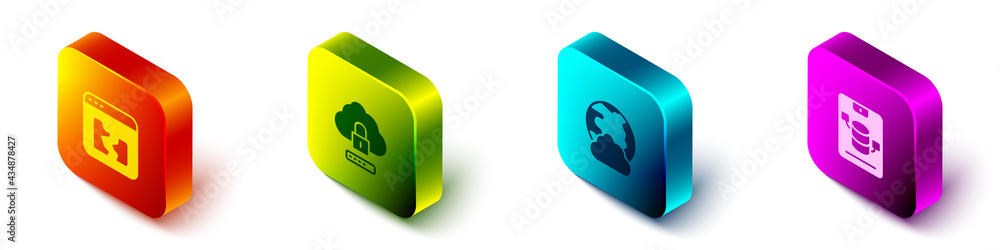 Poster set isometric broken file, cloud computing lock, social network and server, data, web hosting icon. 
