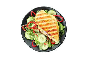 Salad with grilled chicken isolated on white background