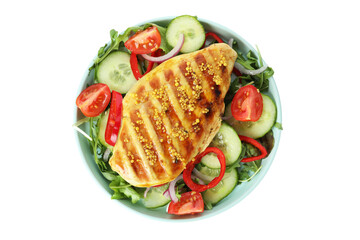 Salad with grilled chicken isolated on white background
