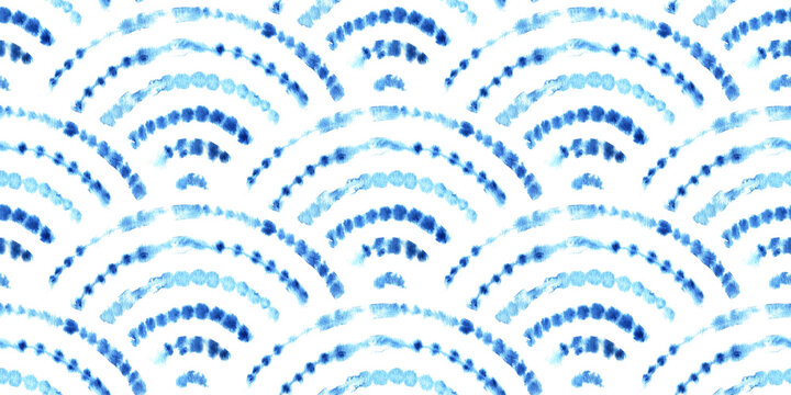Seigaiha seamless watercolor pattern. White and blue wavy print for textiles.