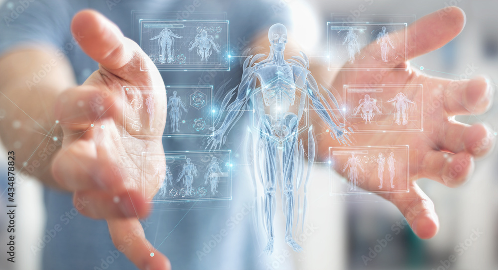 Poster Man using digital x-ray human body holographic scan projection 3D rendering