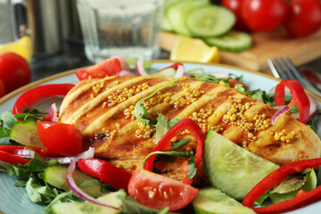 Tasty salad with grilled chicken, close up